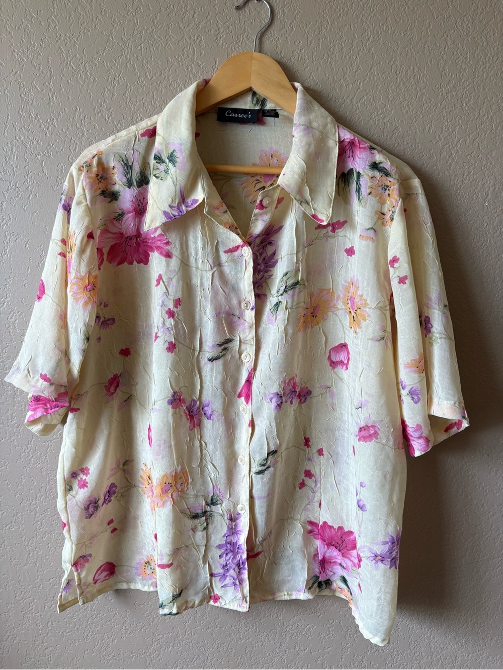 Cassee's Women's Plus 3X Sheer Short Sleeve Yellow Floral Button Down Vintage